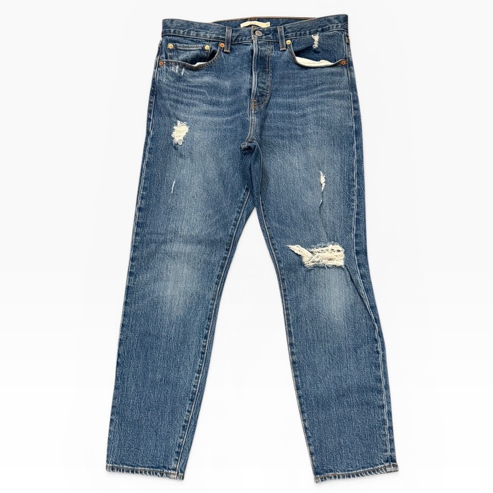 Levis Premium Wedgie Straight Jeans Medium Wash Distressed Button Fly Size 30x27